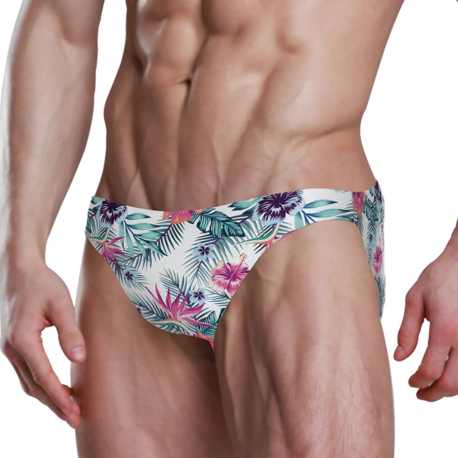 Fashion Swim Suit Sexy Low Waist Push Up Padded Mens Swimwear Briefs Beach Surfing Swimming Trunks Palm Tree Bathing