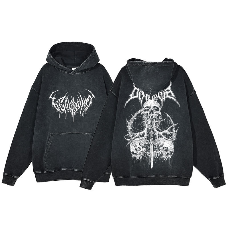 Anime Hoodie for Men: Harajuku Hip-Hop Washed Hoodie with Skull Print Y2K Style for Women: Casual Gothic Vintage - VT2739