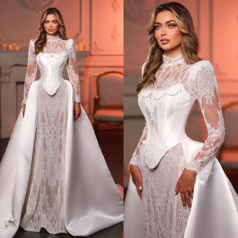 Elegant A Line Women Wedding Dress Lace Pearls Bridal Gowns High Collar Neck Long Sleeveless Detachable Train Dress Custom Made vestidos de novia