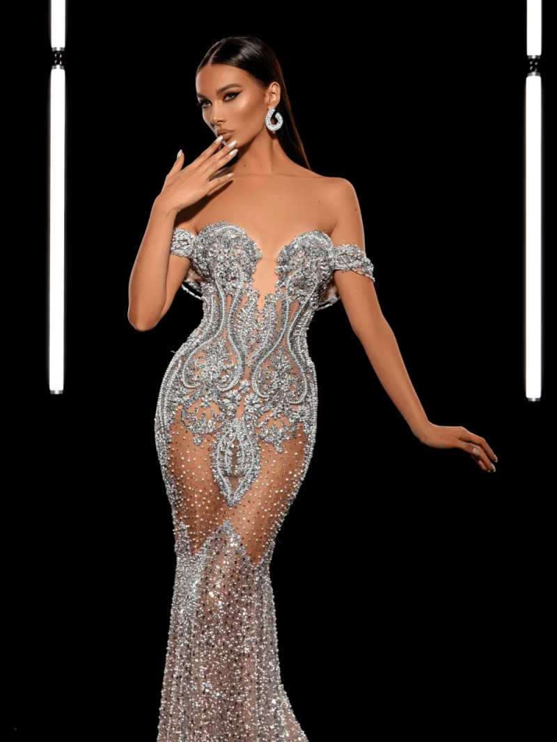 Luxury Beaded Evening Dresses Stunning Crytsal Mermaid Celebrity Party Dress Formal Prom Gown Customized Robes Gala