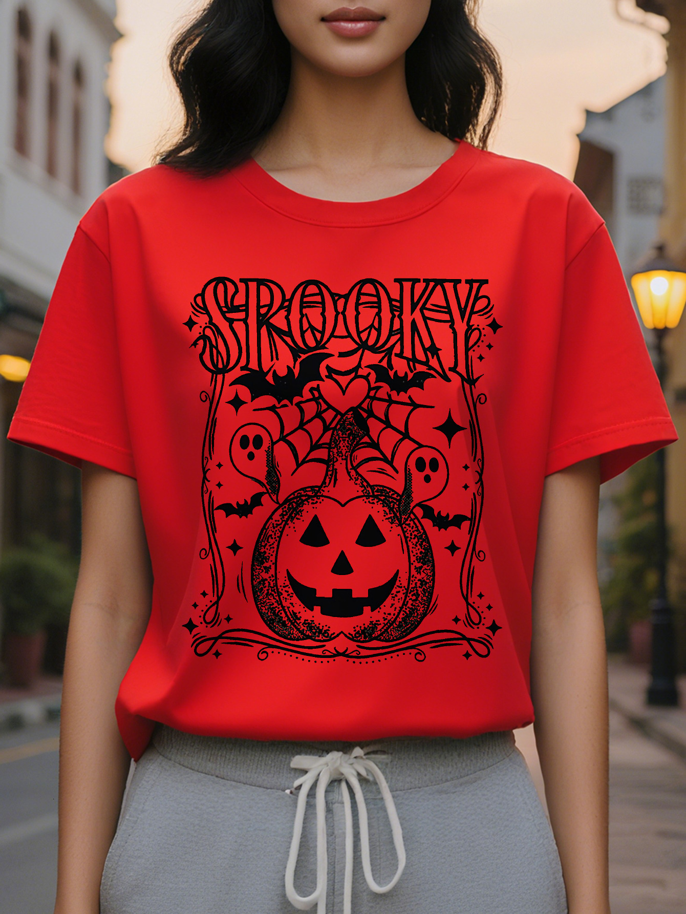 Large XL Women S Pumpkin Graphic T-Shirt Olive Green Spooky Tee with Jack O Lantern Soft Round Neck Casual Top for Party Plus Size