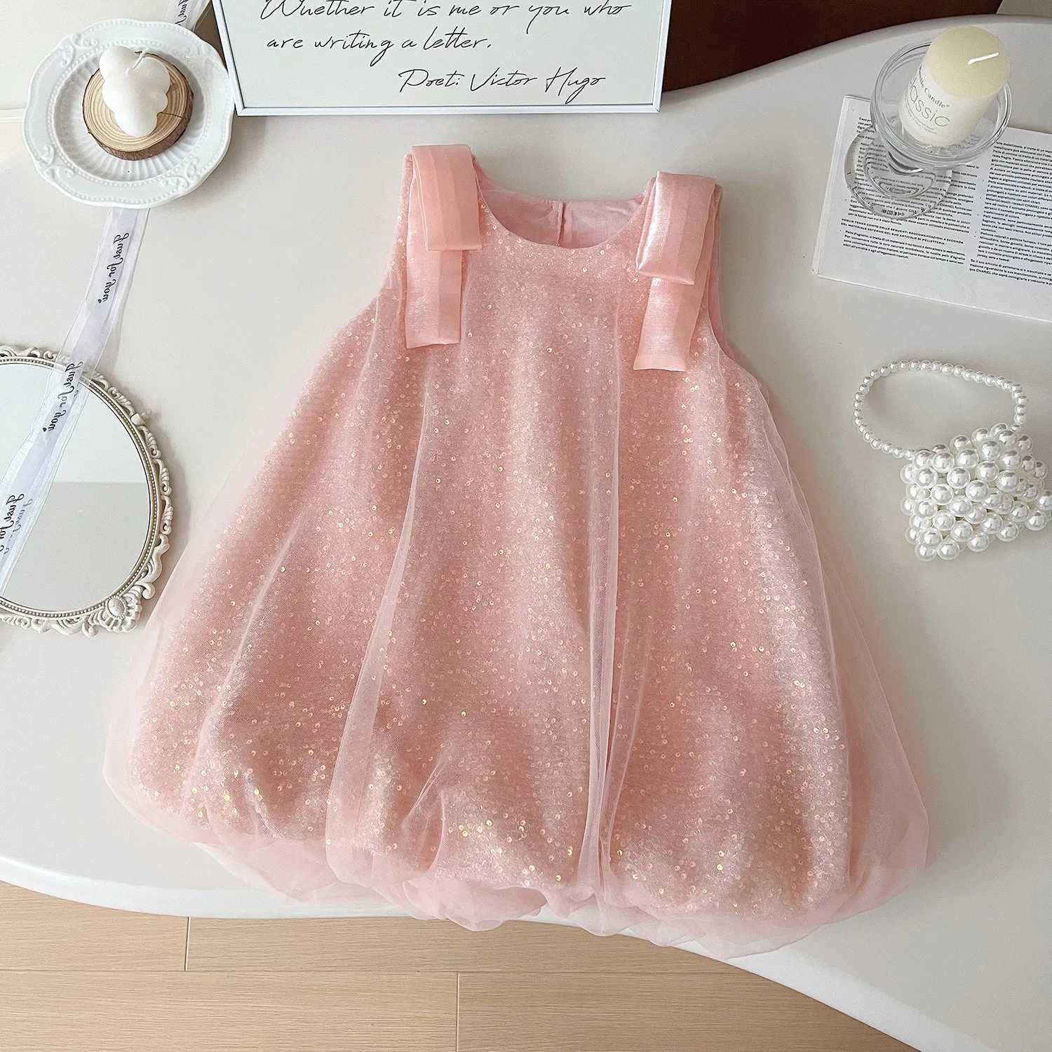 Girls Casual Dresses New Children Clothing Summer New Princess Flower Bud Sequin Mesh Yarn 2024 Sequin Sweet Round Collar Z250904