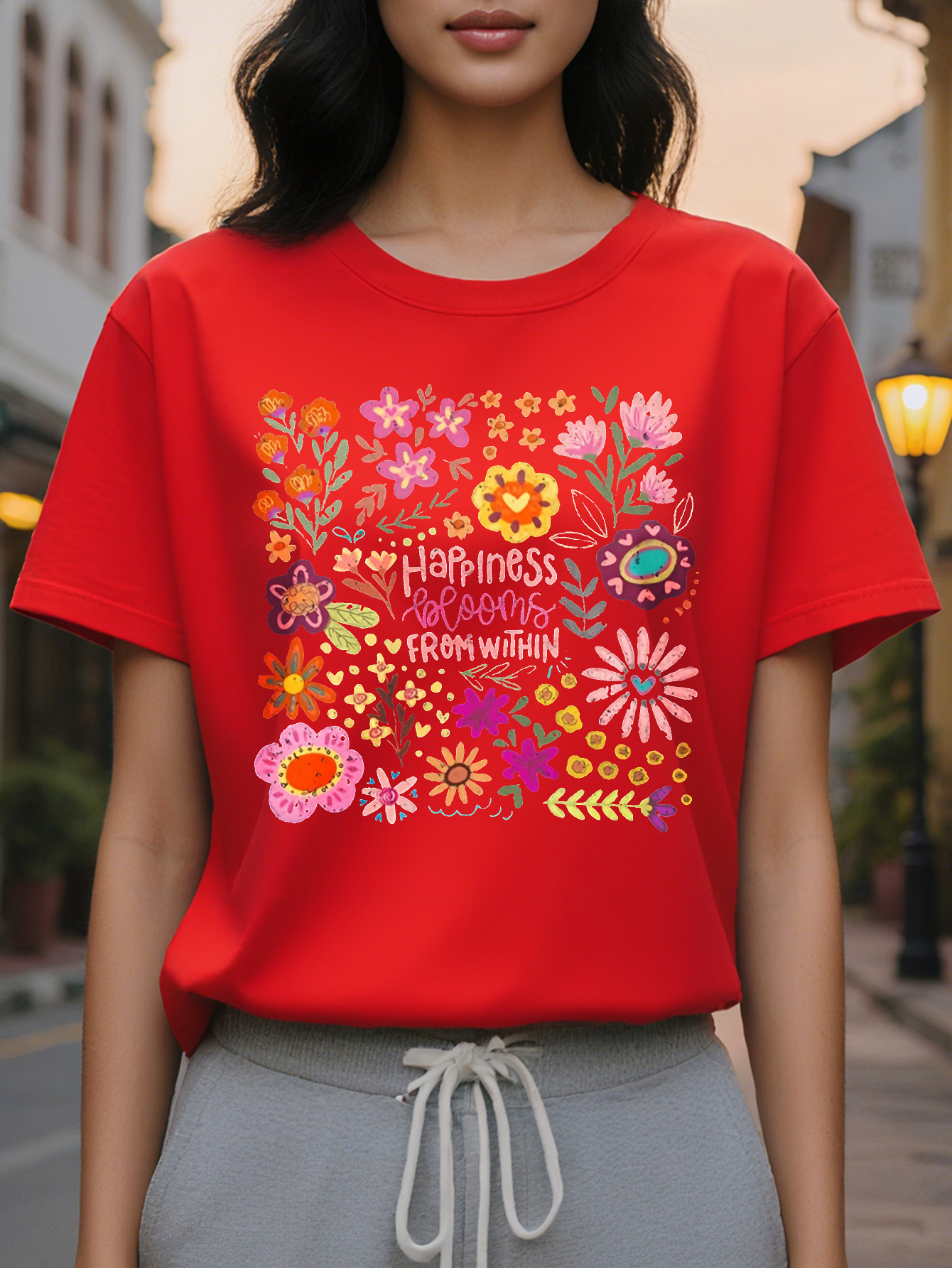 Large XL Women S Casual Floral Print Round Neck Short Sleeve T-Shirt Happiness Is Within Motivational Quote Dark Gray With Plus Size