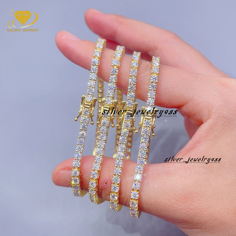 GRA Certificate Hip Hop Jewelry 925 Sterling Silver Gold Plated Iced Out Moissanite Diamond Bracelet 3mm Moissanite Tennis Chain