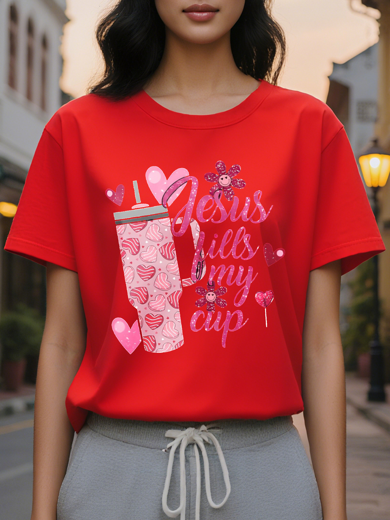 Valentine Jesus Fills My Cup Printed T-shirt Short Sleeve Round Neck Casual Top Summer and Spring Women