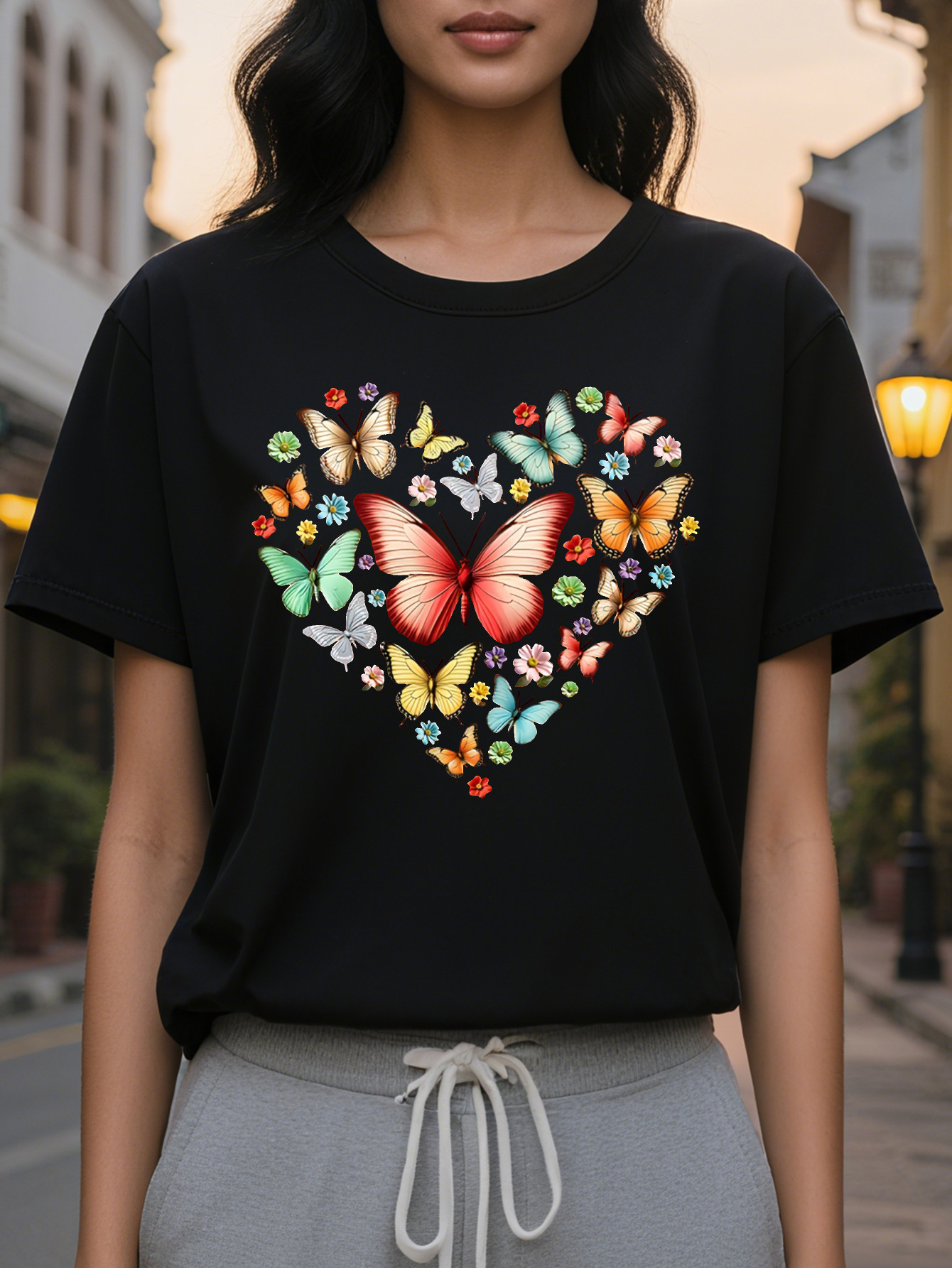 Women s Casual Short Sleeve Crew Neck T-Shirt Floral Heart Butterfly Print Soft Pink Semi Sheer H-Line Top