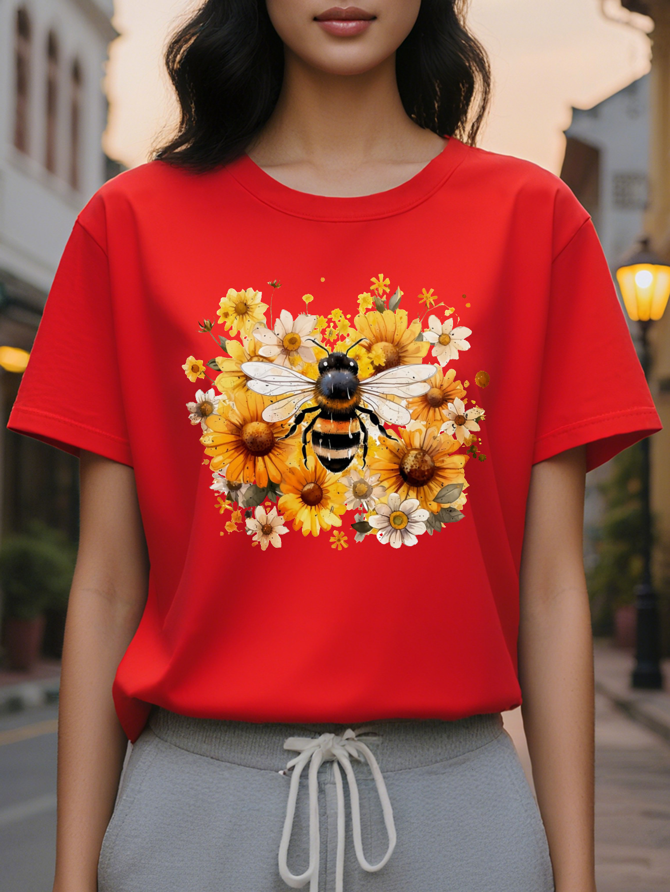 Women s Bee Flower Print Sleeve T Shirt Elegant Round Neck Casual Top Medium Elastic Washable Comfortable Regular Fit