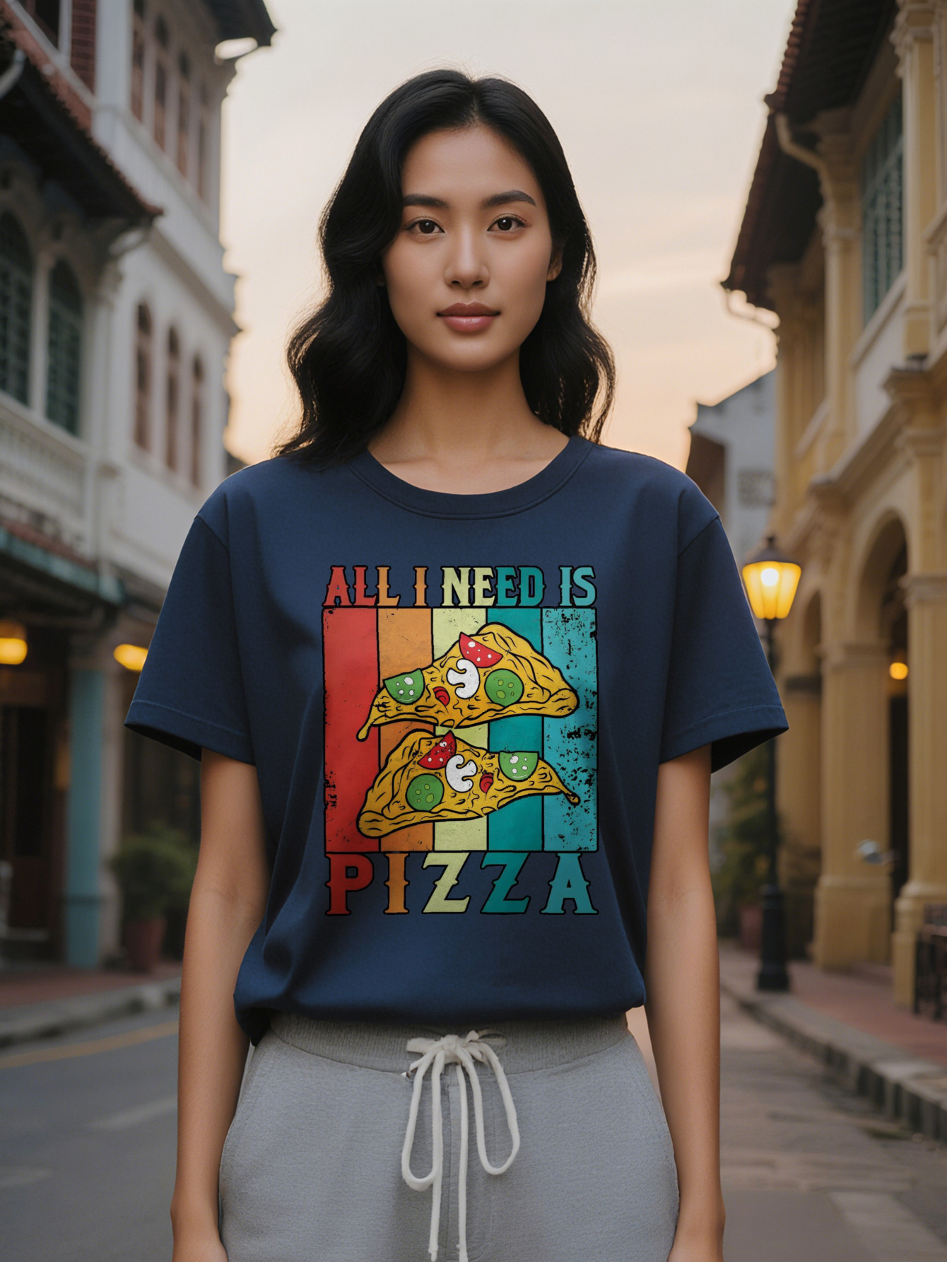 Large XL Lady Casual Crew Neck T-Shirt with 'All I Need Is Pizza' Fun Pizza Themed Design Black Summer Essential Washable Plus Size