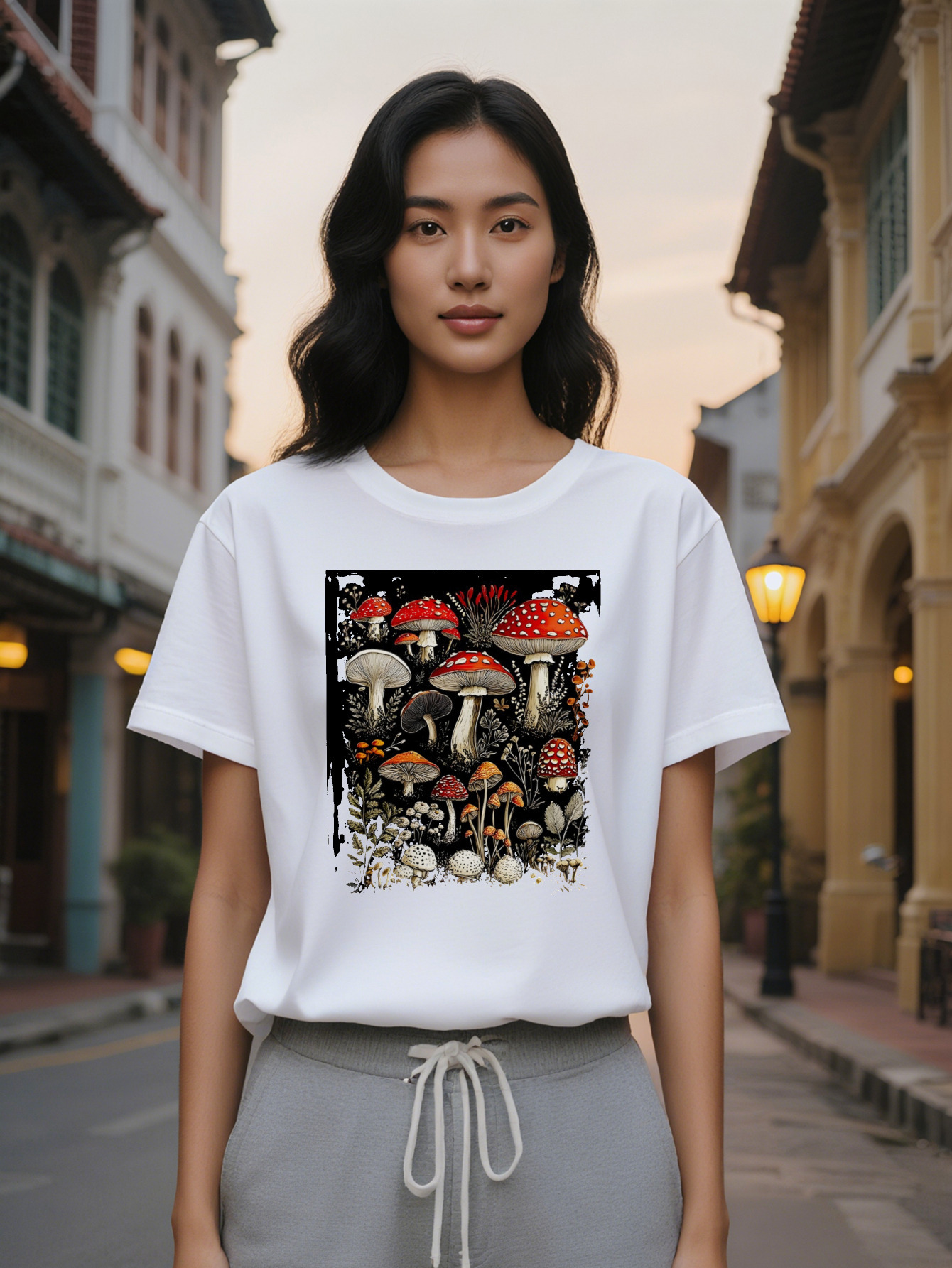 Large XL Lady Short Sleeve T-Shirt with Botanical Mushroom Print Black Round Neck Summer Top Breathable and Washable Plus Size