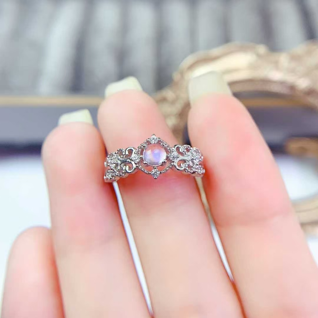 Vintage Design Silver Gemstone Ring Natural Moon Stone Ring 4mm 0.3ct Genuine Moon Stone Jewelry with 18K Gold Plating