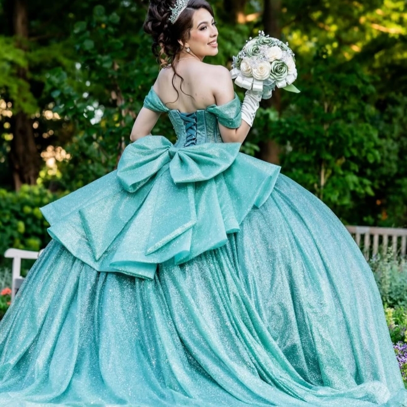 Mint Green Shiny Princess Off the Shoulder Sweet 16 Dress Quinceanera Dresses Beads Bow Tull Party Birthday Vestidos 15 De Anos