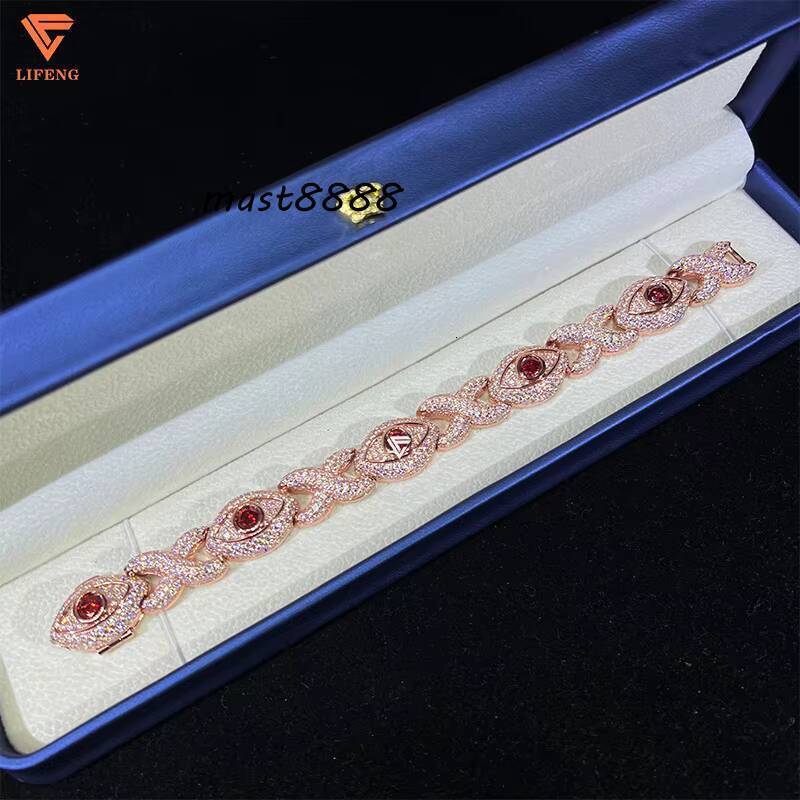 Custom Rose Gold Eyes Bracelet With VVS Moissanite Diamond Hip Hop Jewelry Bracelet Iced Out Chain Men Charm Red Eyes Bracelet