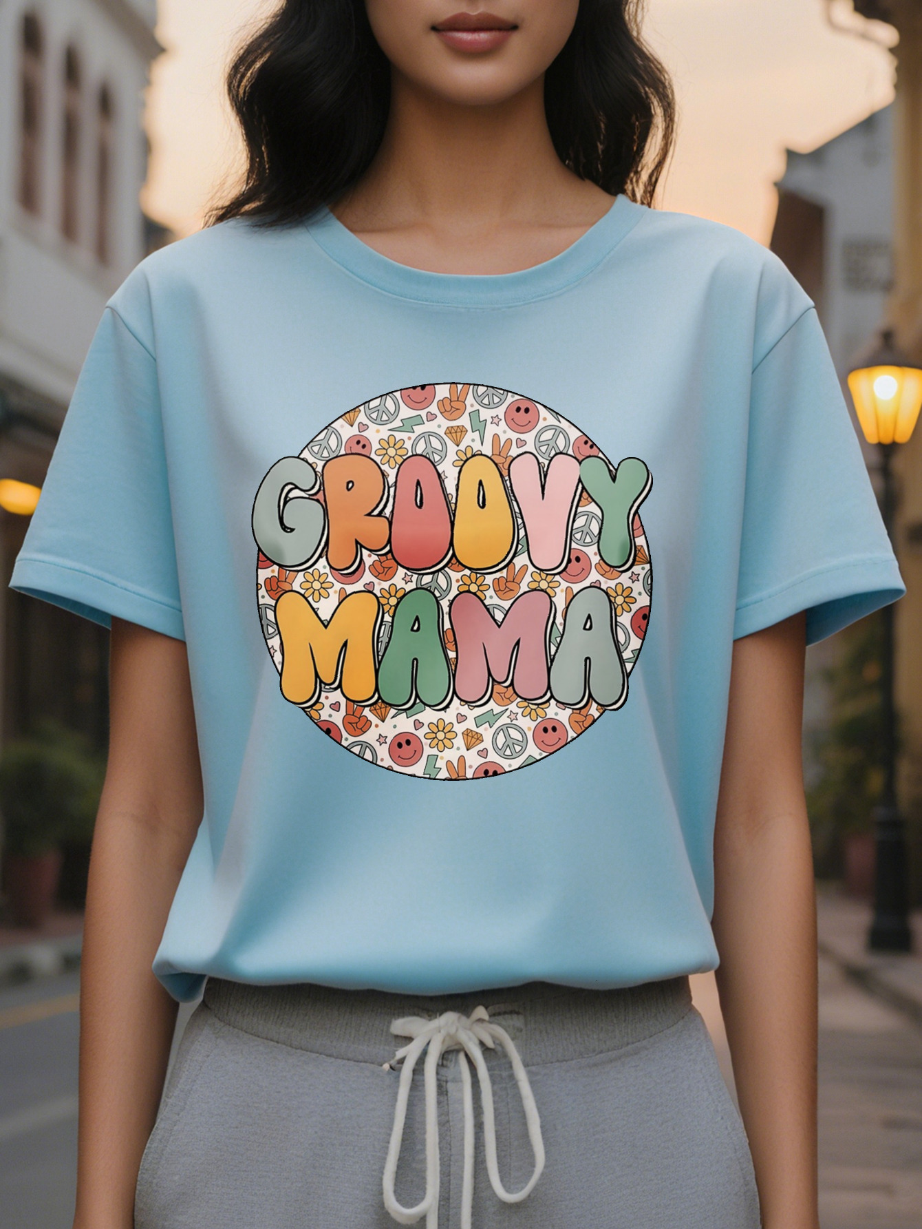 Groovy Mama Printed T-shirt Short Sleeve Round Neck Casual Top Spring Summer Women's Clothing