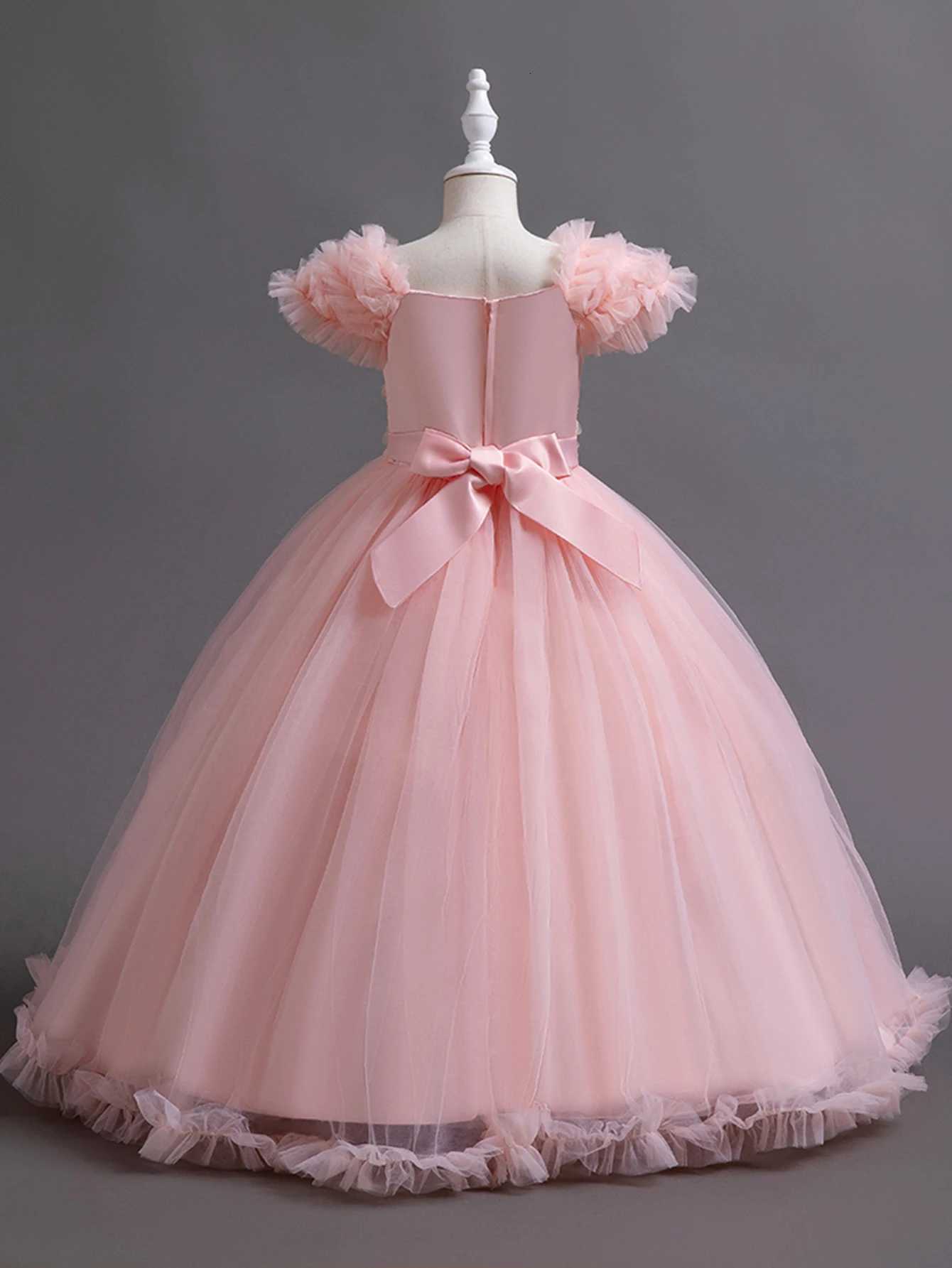 Pink girl big bow long dress for birthday outfits worn by girls aged 3 to 12 at parties Z250904