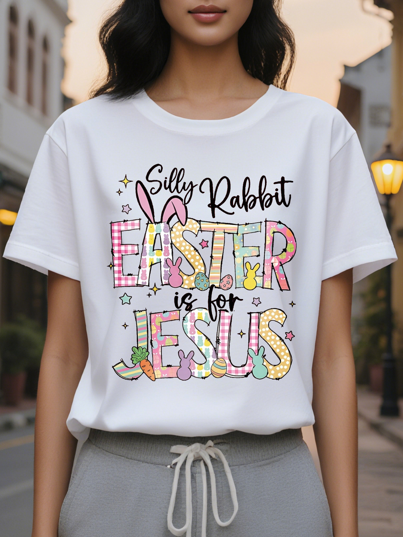 Large XL Silly Is Jesus Happy Easter Bunny Christian Graphic Print Fashion Casual Short Sleeve Spring Summer Fit Crew Plus Size
