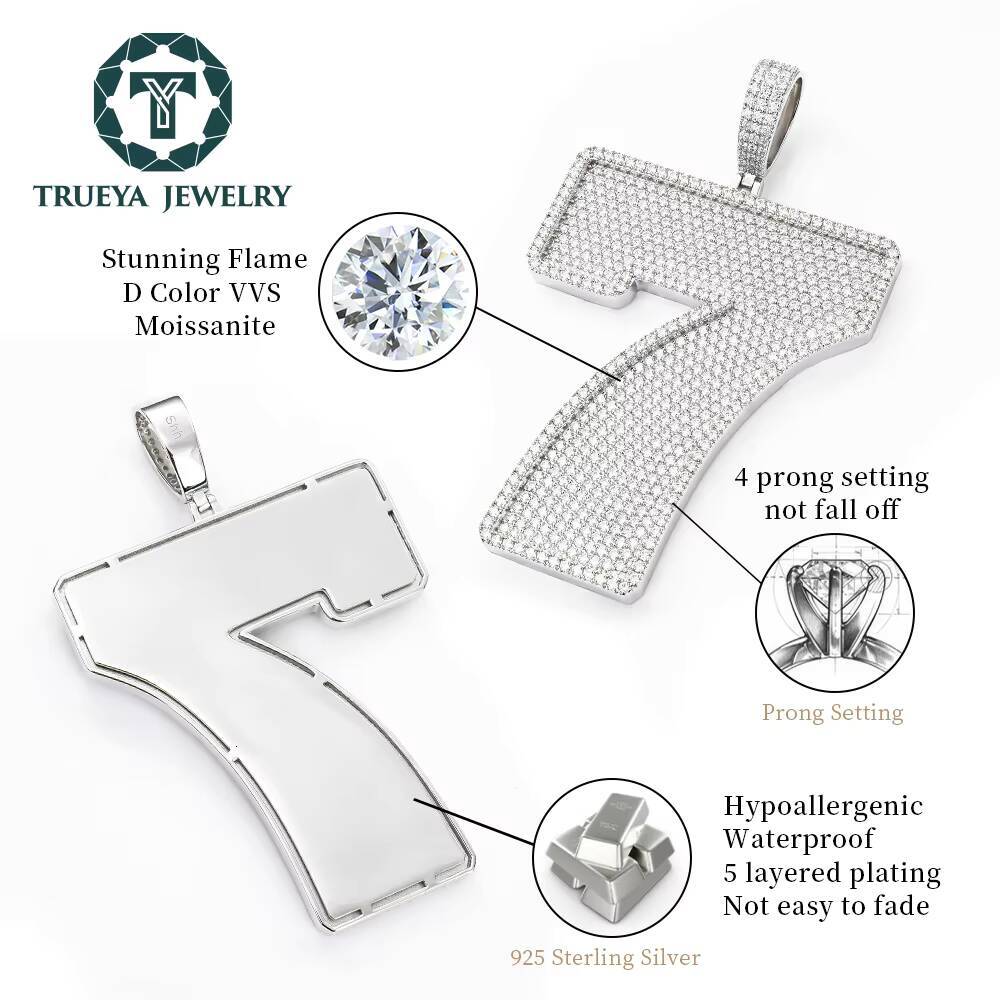 Custom Full Pave Iced Out Moissanite 925Silver White Gold Plated Big Number 7 Pendant Heavy Cuban Chain Necklace for Trendsetter