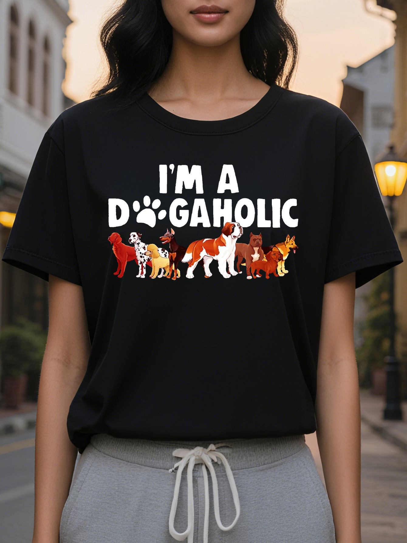 Short Sleeve Print Crew Neck I M A DOGAHOLIC T-Shirt Casual Women's Clothing for Spring Summer