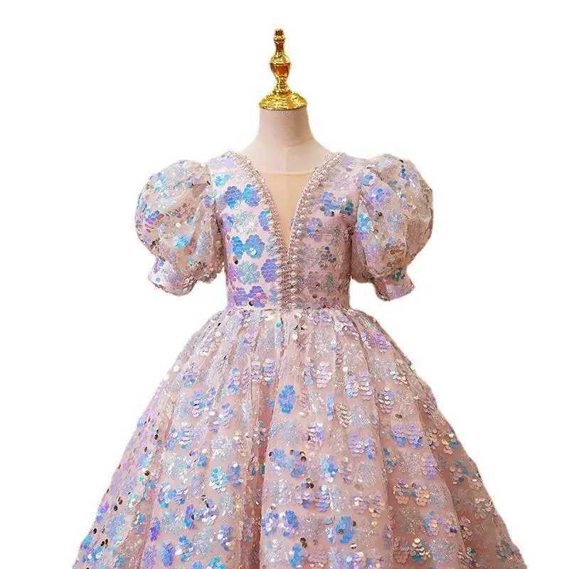 Girls Sequin Floral Ball Gown Puff Sleeve V-Neck Princess Dress for Pageant Party Elegant Formal Kids Evening Wear Z250904