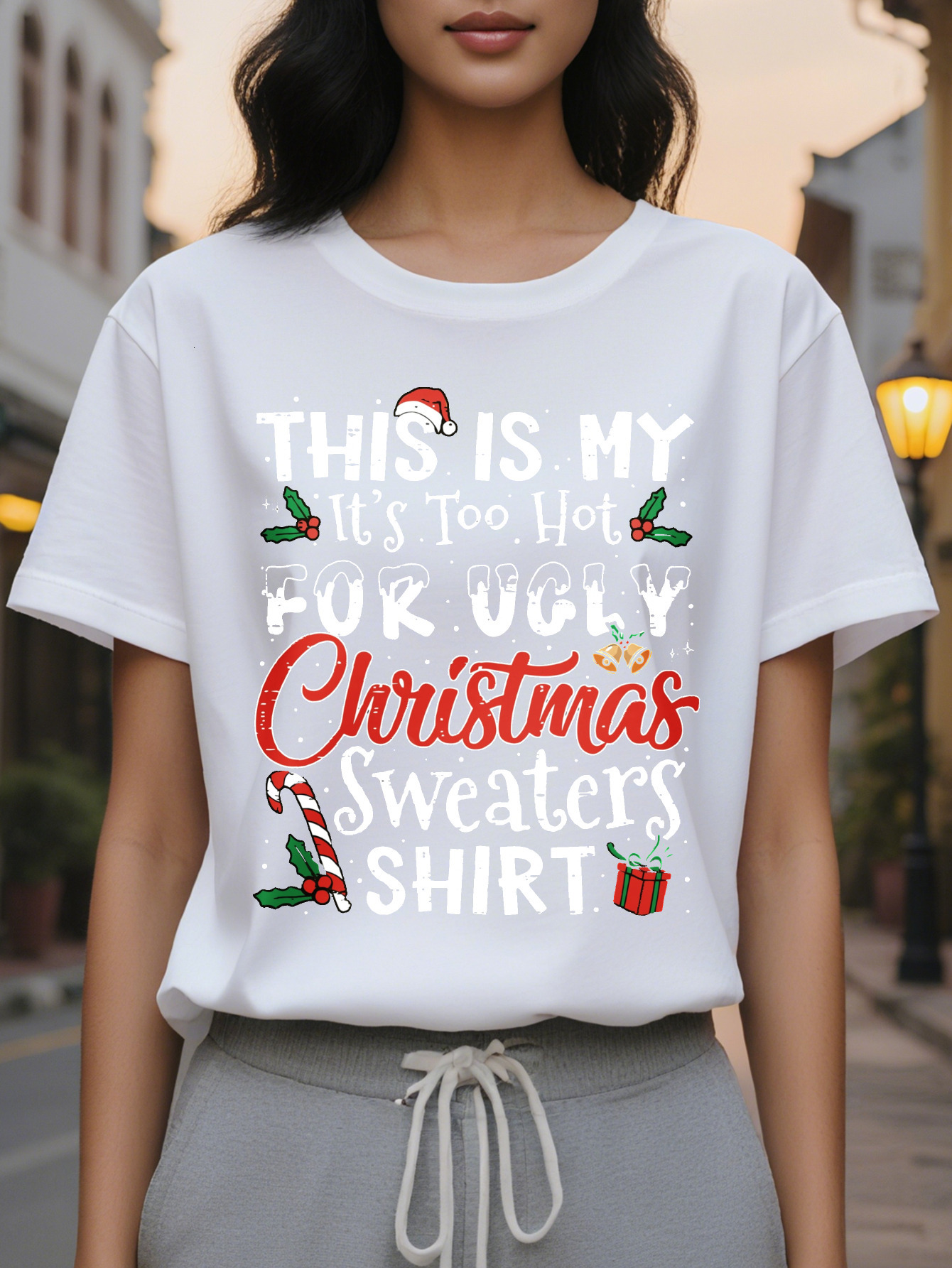 Christmas Tee Print Crew Neck T-shirt Casual Short Sleeve Top for Women Spring Summer Clothing