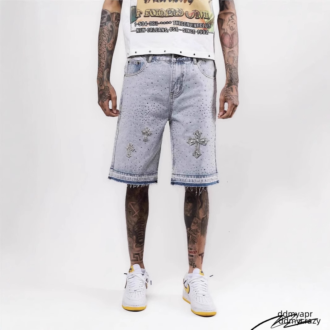 Men's Shorts Gothic Rhinestone Cross Ddmycrazy Embroidery Viral Denim Jorts Vintage American Trend Gym Men Women Street Hip Hop Jean Short Ddmycr