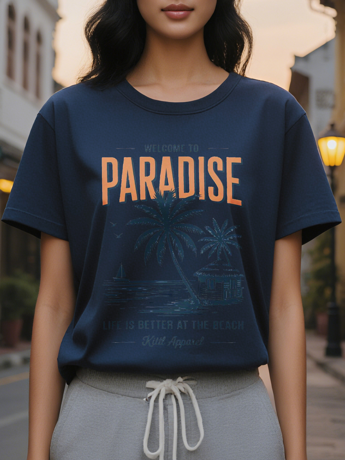 Women's Welcome to Paradise Patterned T-shirt Elegant Summer with Palm Trees and Sea Views Casual Round Neck Short