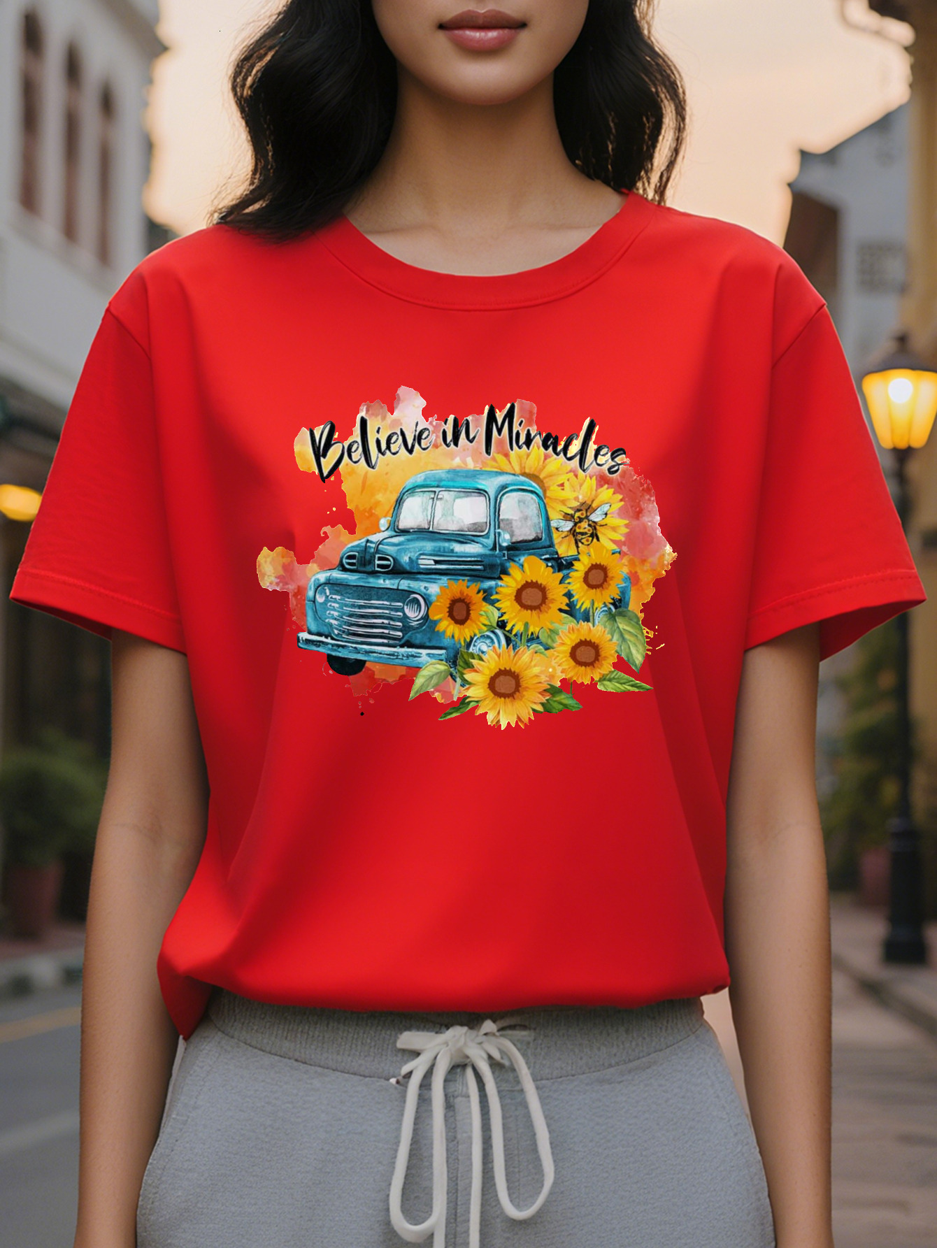 T shirt Faith Miracle Retro Flower Blue Truck Pattern White Crewneck Top Medium Elastic Daily Special Ocn Shirt