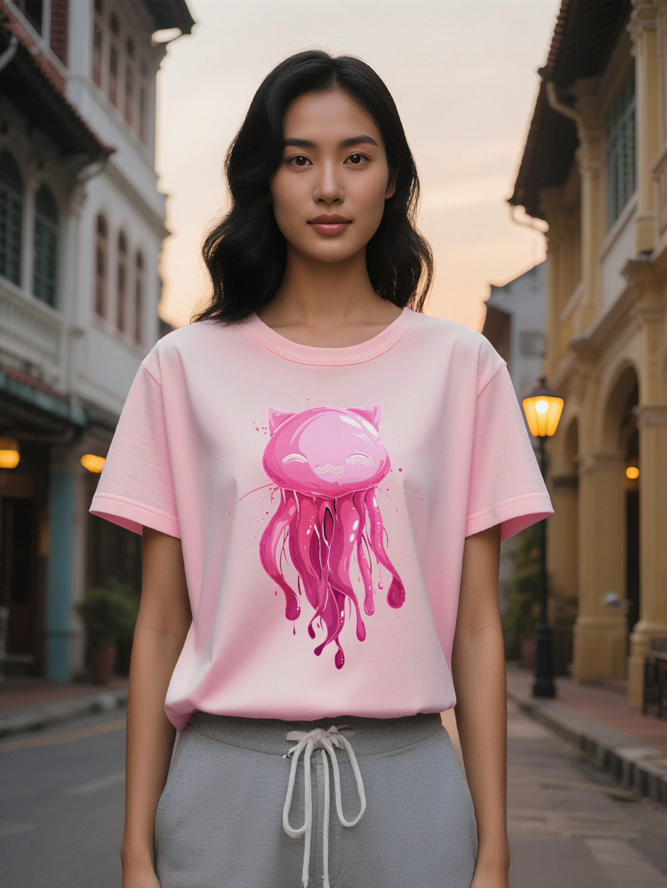 Lady Casual Crew T-Shirt with Unique Pink Jellyfish Cat Print Soft Fabric Round Neck Short Sleeve Summer