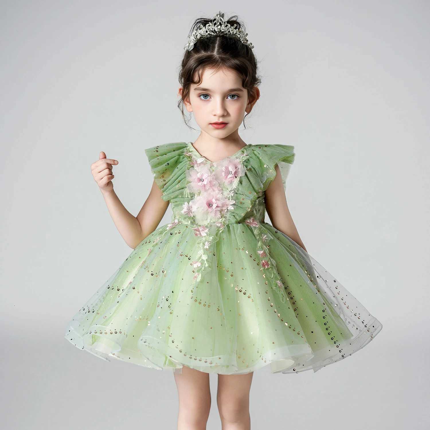 Fly Sleeve Wedding Birthday Green Dresses For Girls 2-8 Years Party Lace Tutu Christening Gown Kids Children Pageant Clothes Z250904