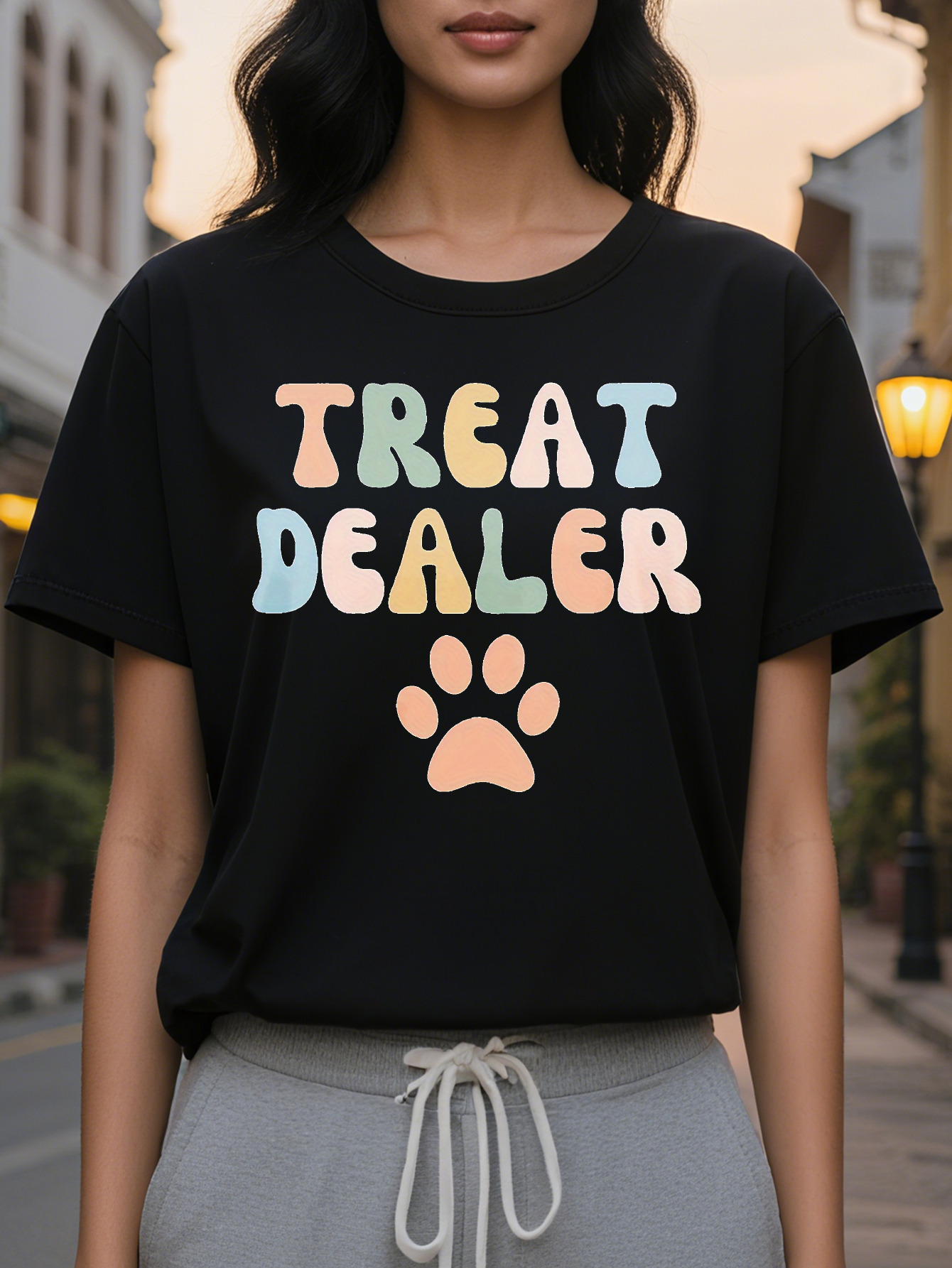 Large XL Casual Crew Neck T-Shirt Women with Treat Dealer Print Cotton Rayon Spandex Blend Knit Fabric Alphabet Pattern Plus Size