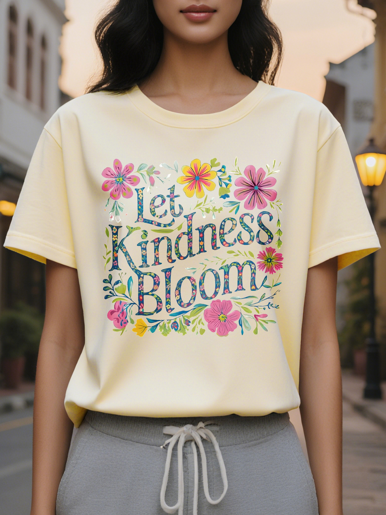 100% Cotton Women's Casual Crew Neck T-Shirt Let Kindness Bloom Print Regular Length All Season Fashion Top
