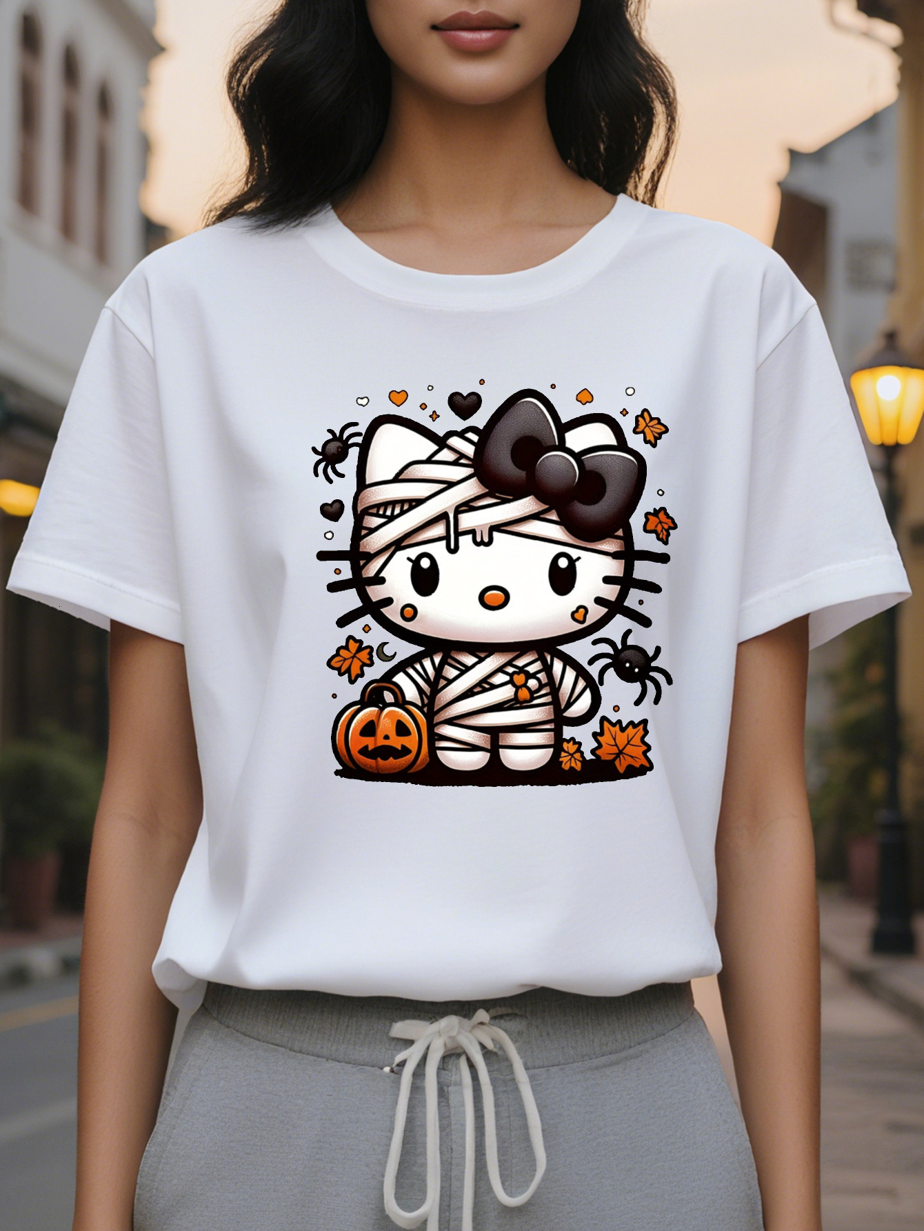 Orange Pumpkin Wrap Mummy Pattern T-Shirt for Women Teen Casual