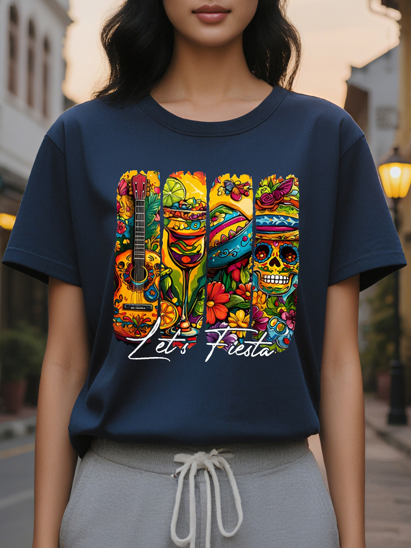 LETS FIESTA Distinctive Fashion Printed Round Neck Short Sleeve T-shirt Spring and Summer High End Slimming Women's