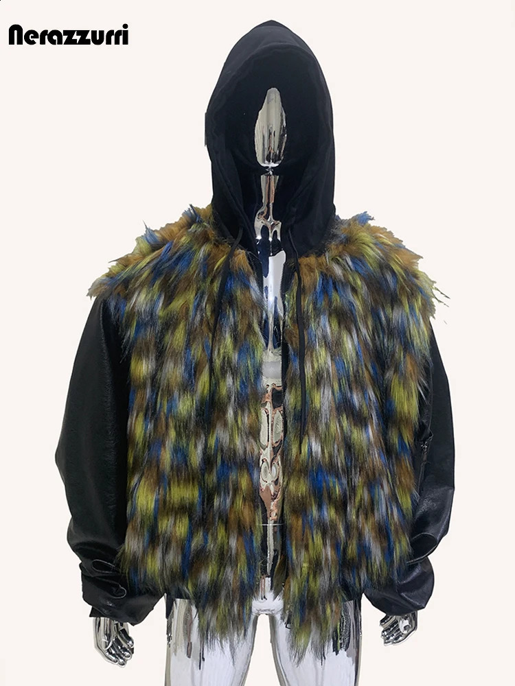 nerazzurri Autumn Winter Cool Oversized Thick Warm Patchwork Faux Fur Coat Men 2 Pieces Clothes Hoodie Fluffy Jacket 250904