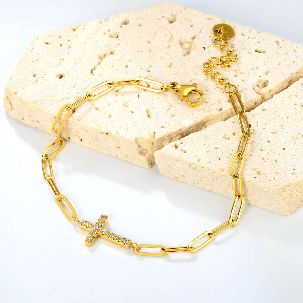Stainless Steel Zircon Cross Light High-end Versatile Chain Bracelet for Women Niche Jewelry