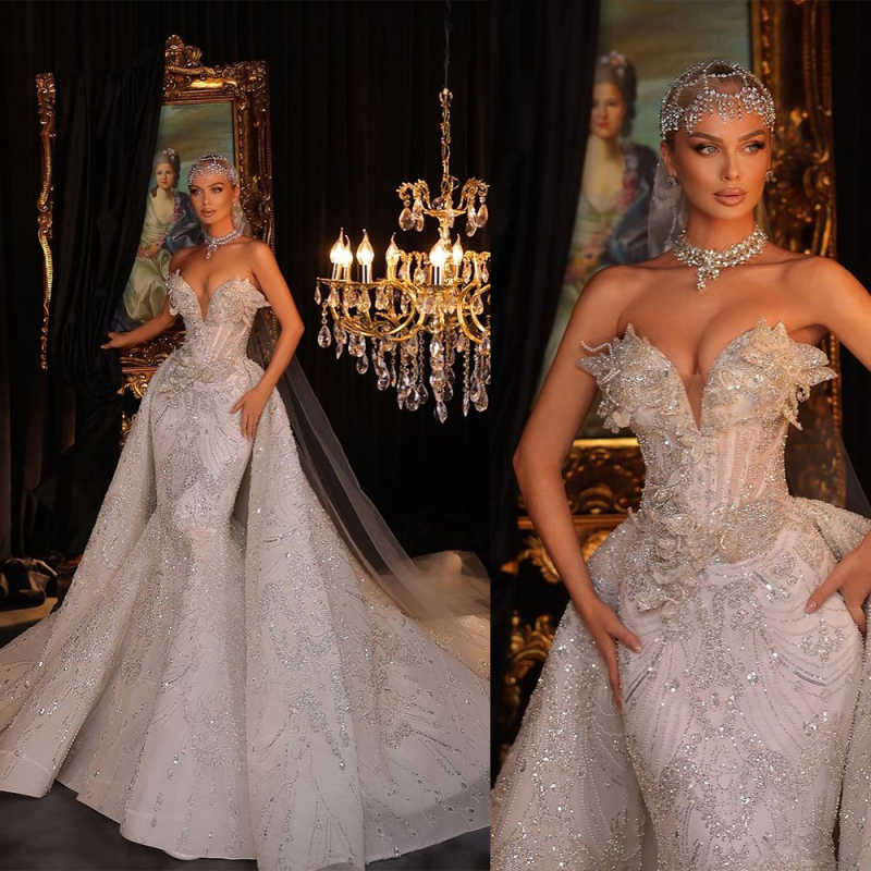 Exquisite Sweetheart Sequins Wedding Dresses For Women Sexy Appliques Lace Bride Dresses Customized Detachable Train Bridal Gown