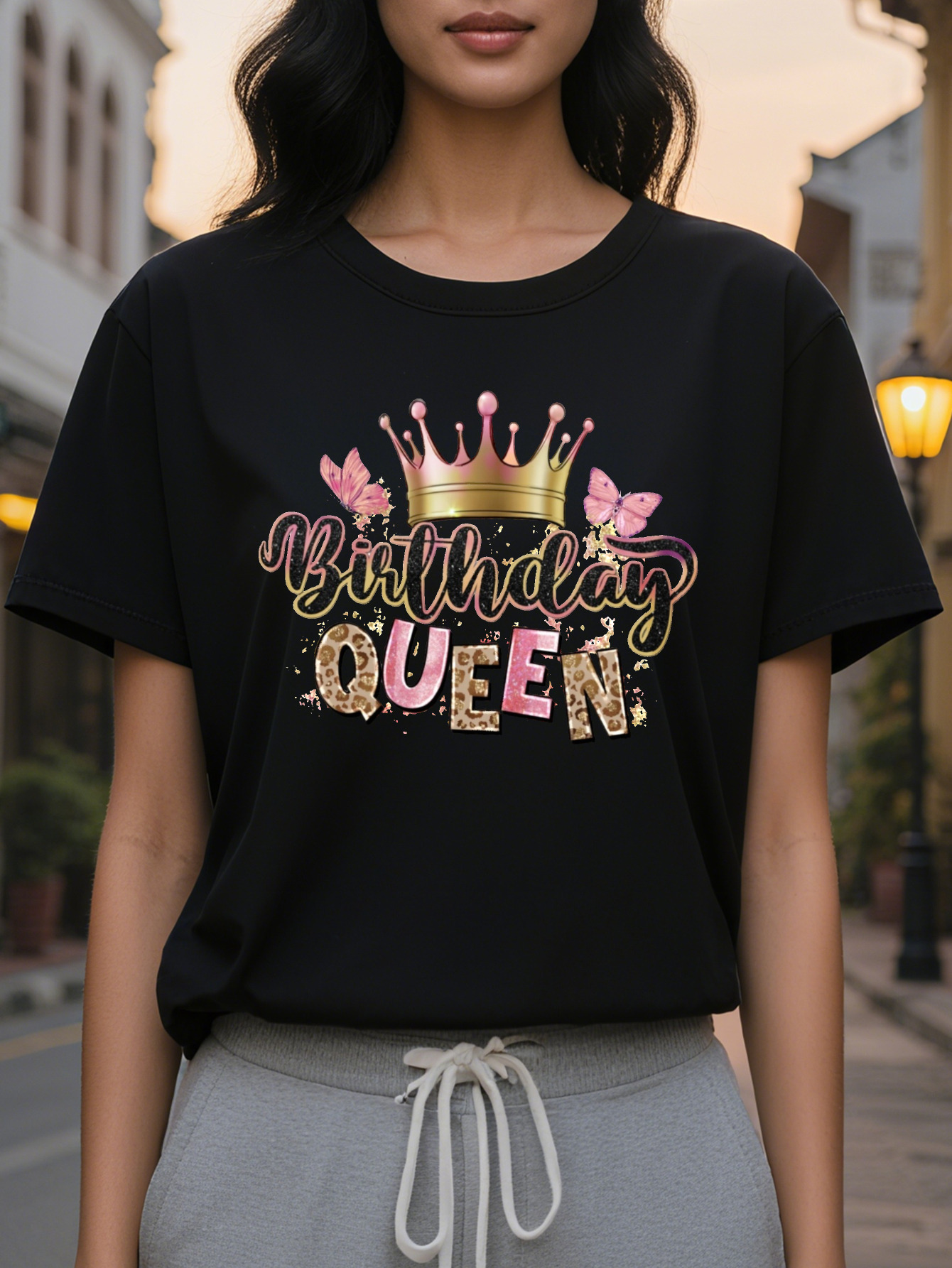 Birthday Queen Printed T-shirt Casual Round Neck Short Sleeve Top Women's Clothing