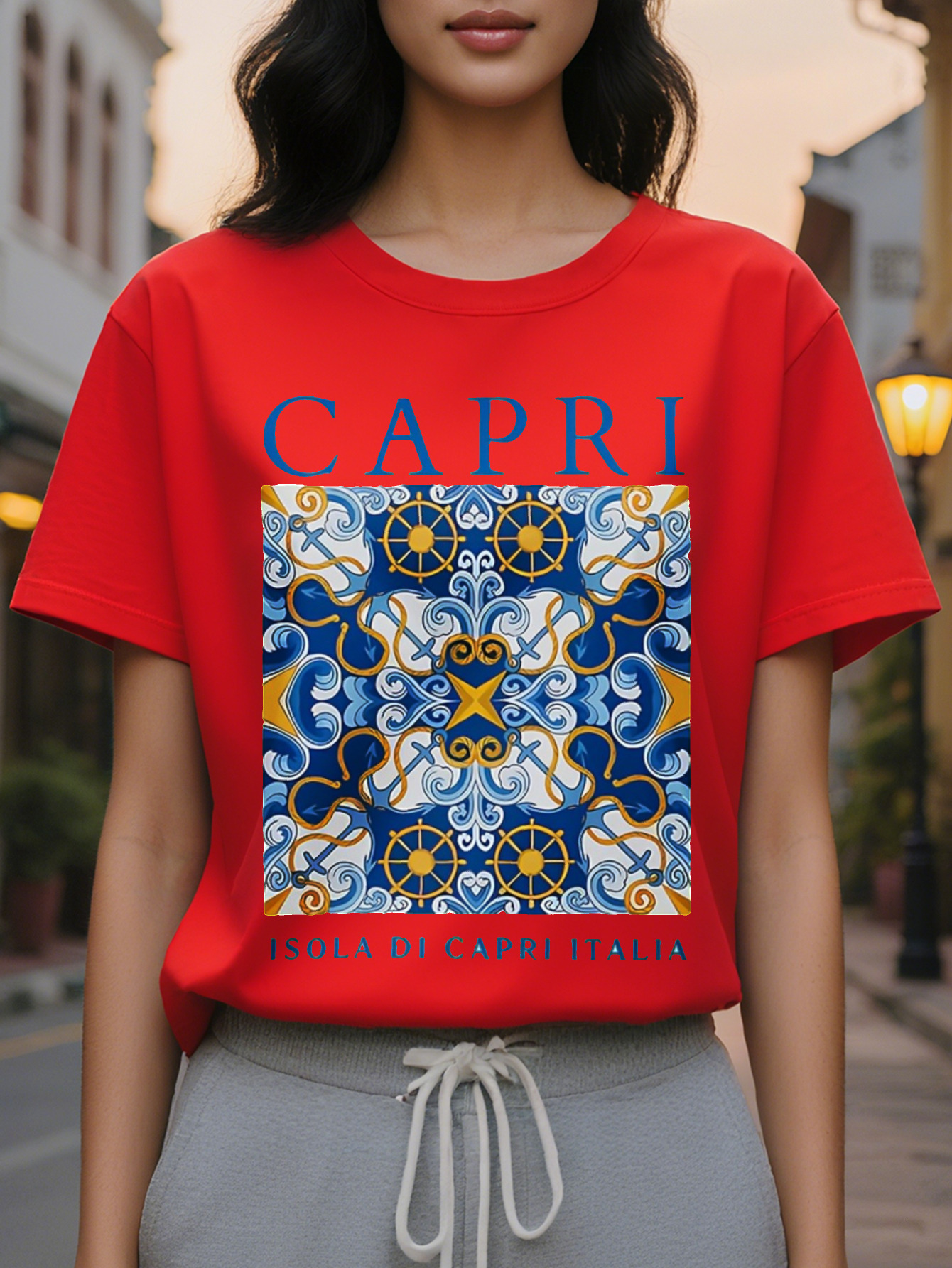 CAPRI American Style Trendy Printed Round Neck Short Sleeve T-Shirt Women's Spring and Summer New Slim Fit Slimming