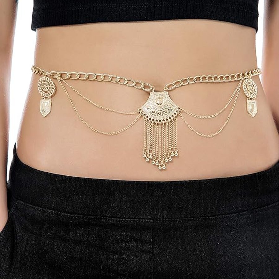 2 PCS Waist Belt Chain Vintage Dangle Dancing Tassel Body Chain Bikini Beach Body Jewelry for Women Gold Tone