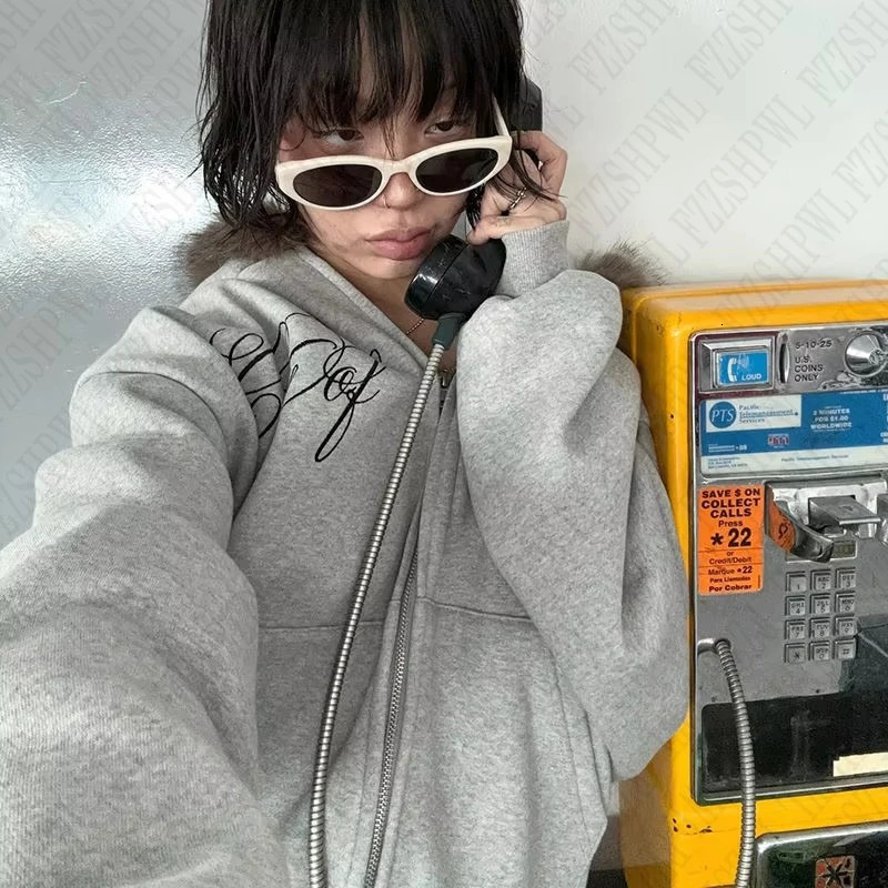 Y2K Harajuku aesthetics women men autumn winter fur collar hoodie chic longsleeved cardigan oversize sweatshirt rock streetwear 250904