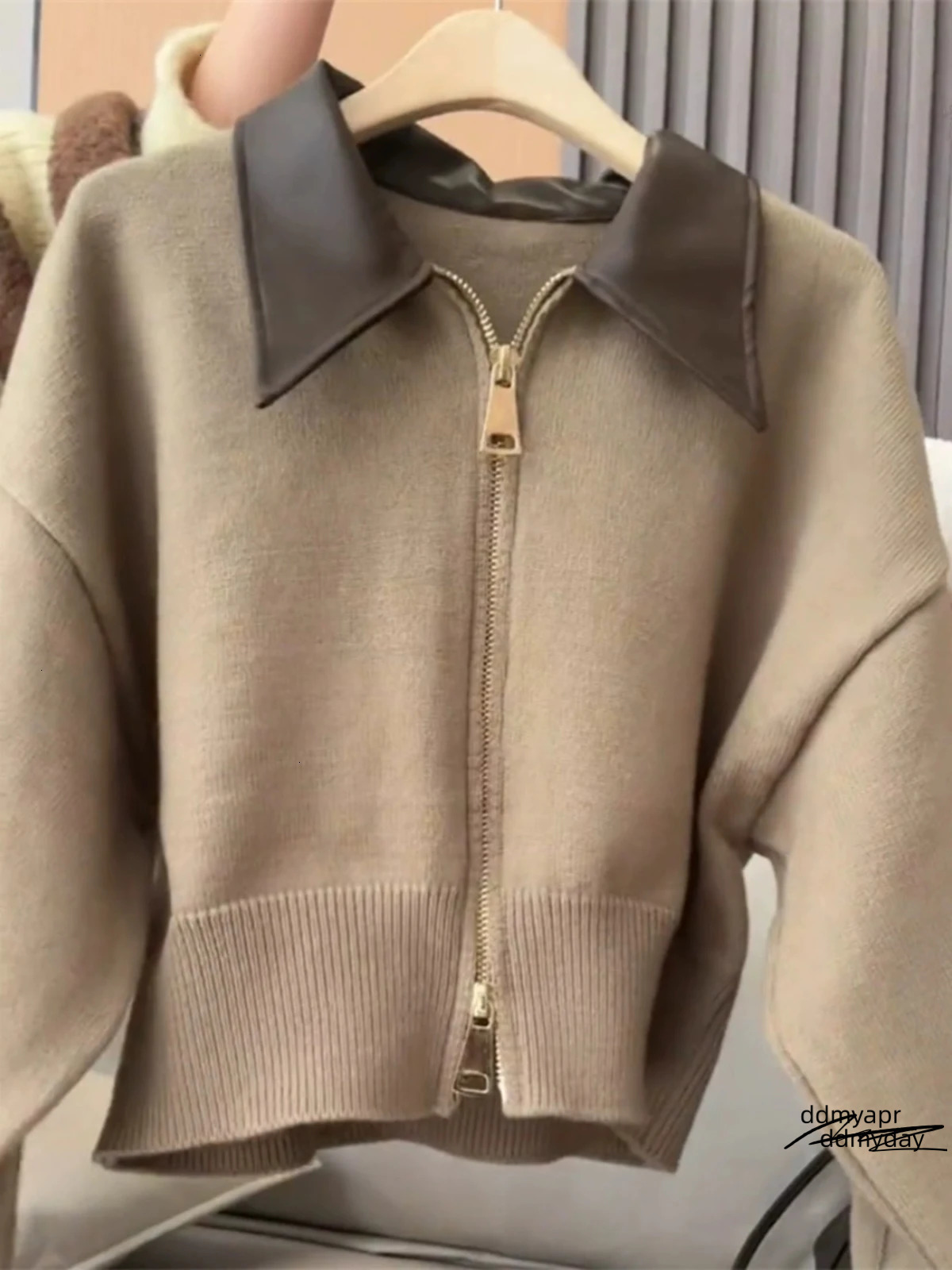 Spliced Leather Collar Knit Sweater Fashion Ddmyday Double Zipper Cardigan Womens Autumnwinter Soft Vintage Long Sleeve Streetwear 241028 Ddmyday Ddmy