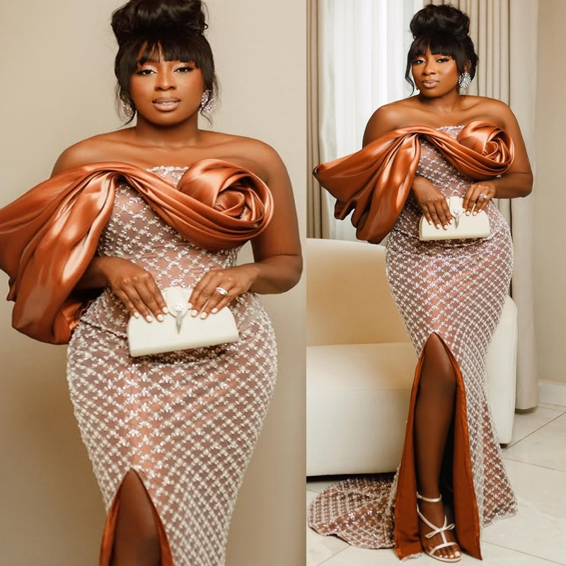 2025 Brown Cocktail Dresses For Women Homecoming Dress Sheath Illusion Strapless Beaded Lace Side Split Sexy Pleated Prom Dresses For Black Girls C428