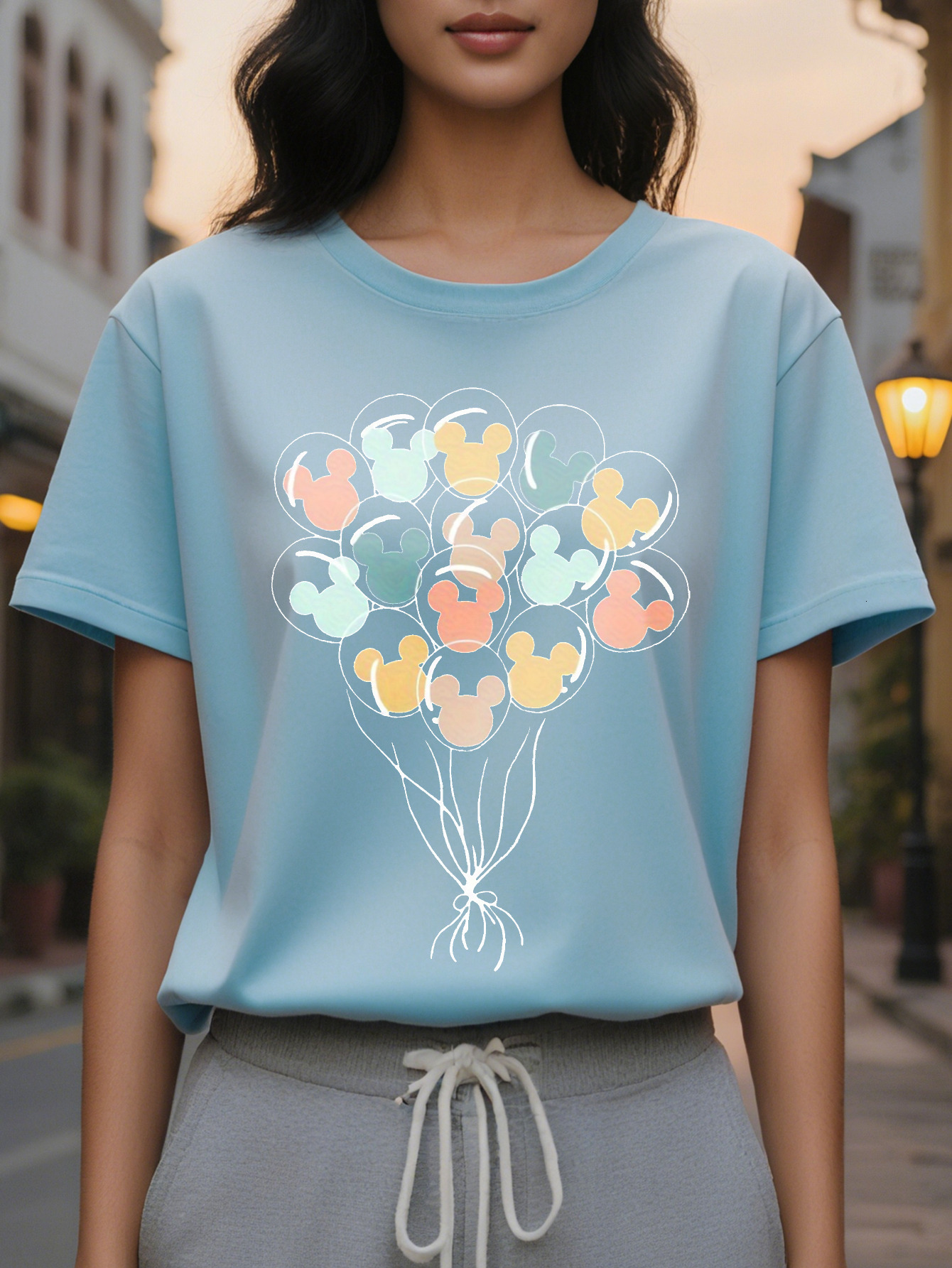 Vibrant Balloon Pattern Crew Neck Short Sleeve T-Shirt Soft Breathable Casual Wear Spring Summer Women's Relaxed