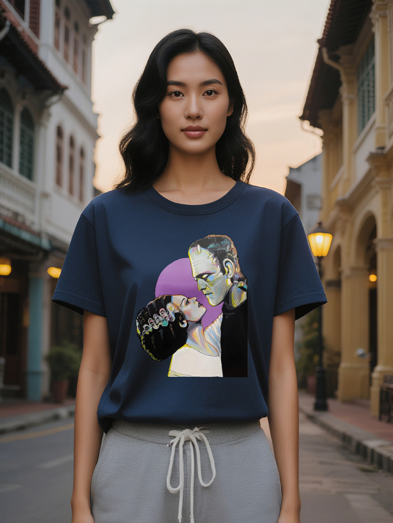 Large XL Women's Casual Graphic T-Shirt Frankenstein Bride Monster Print Black Round Neck Summer Tee Washable Pop Culture Plus Size