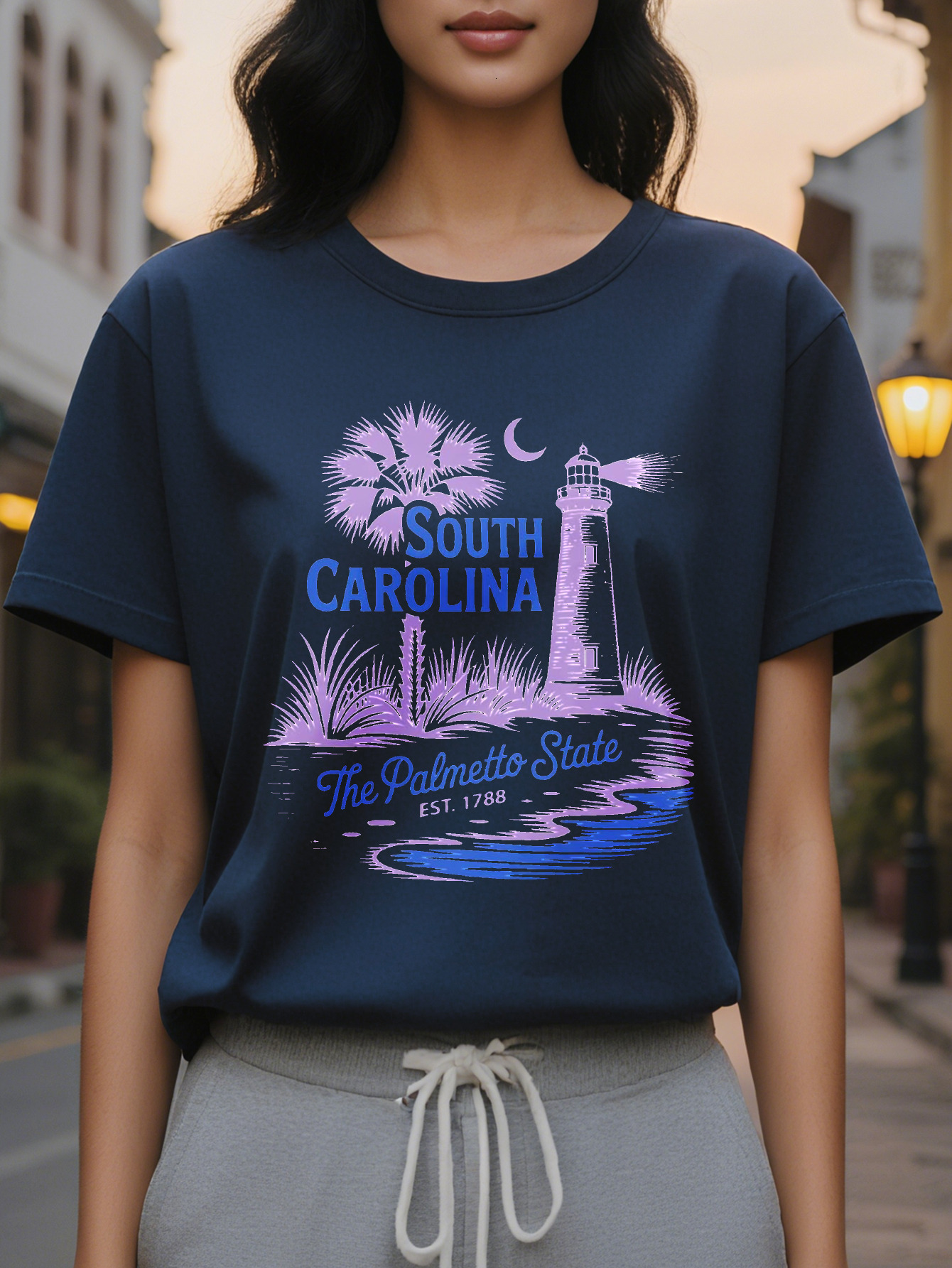 Women s White Sleeve Sweater South Carolina Pattern Pullover Lighthouse Vintage Design, Washable for Autumn and Winter