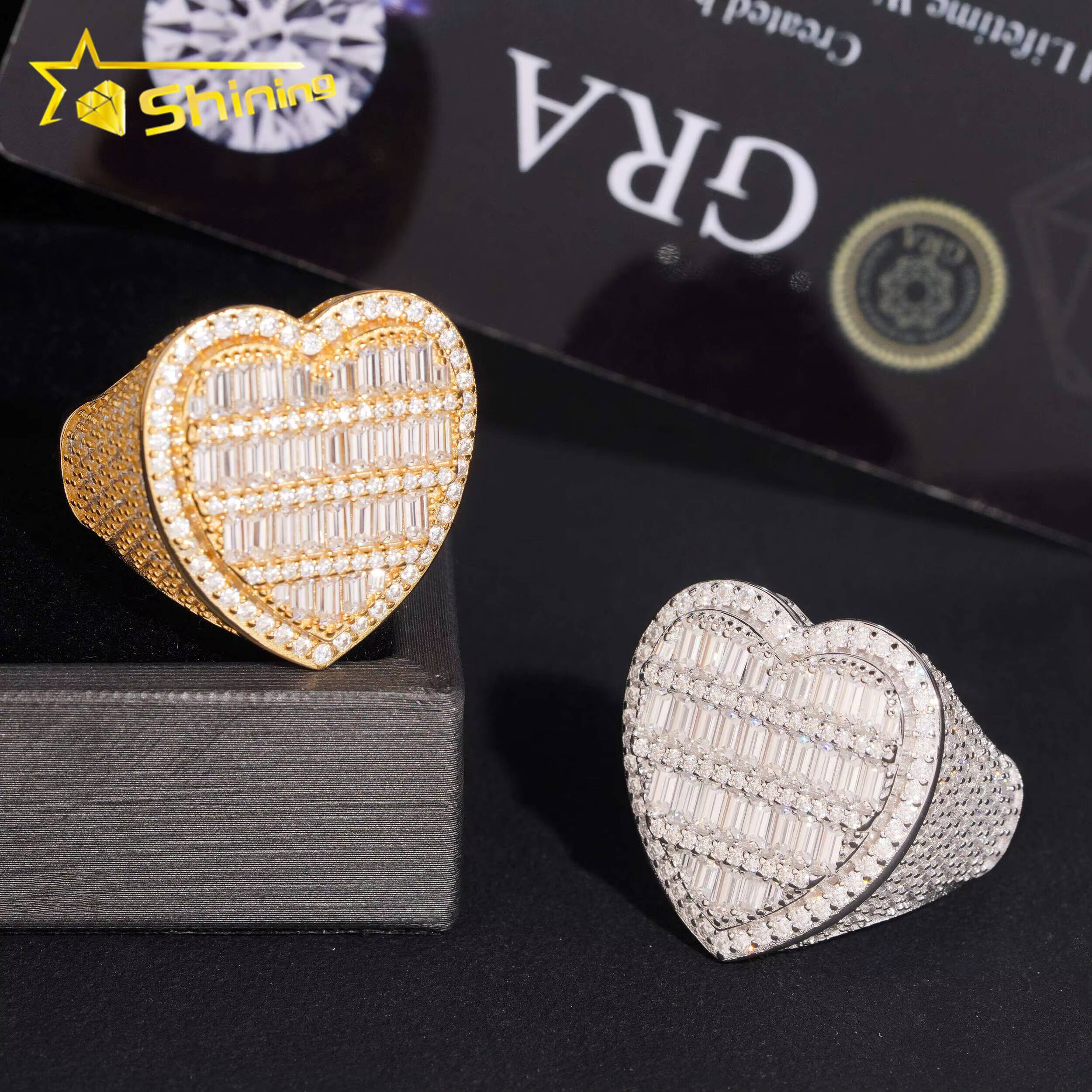 Heart Shape Baguette Moissanite 925 Sterling Silver Gold Plated Hip Hop Iced Out Cross Mens Rings