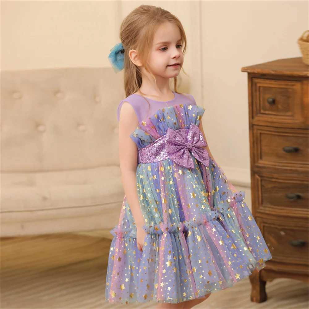 1-5 Years Toddler Kids Summer Princess Bow Dresses Sleeveless Lace Mesh Sequined Stars Colorful Tulle Dress Baby Girl Clothes Z250904