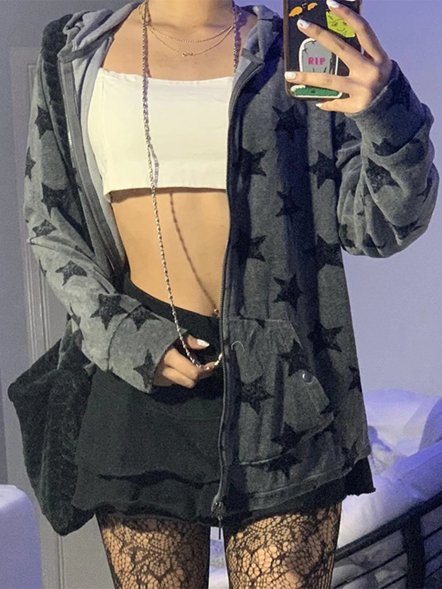 Yoawdats Women Casual Zip Up Hoodie Long Sleeve Star Graphic Print Goth Jacket Oversized Aesthetic Y2K Sweatshirt Streetwear 250904