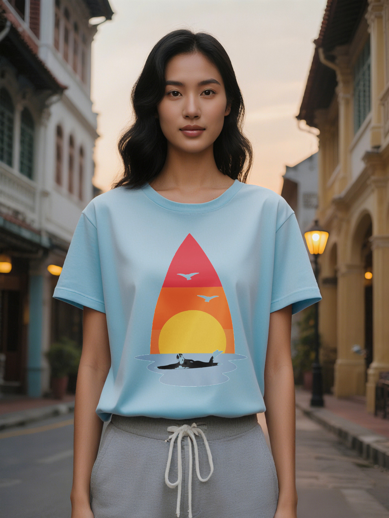 Large XL Lady Crew Neck T-Shirt with Sailboat Black Short Sleeve for Relaxed Style Casual Summer Top Vibrant Print Tee Plus Size