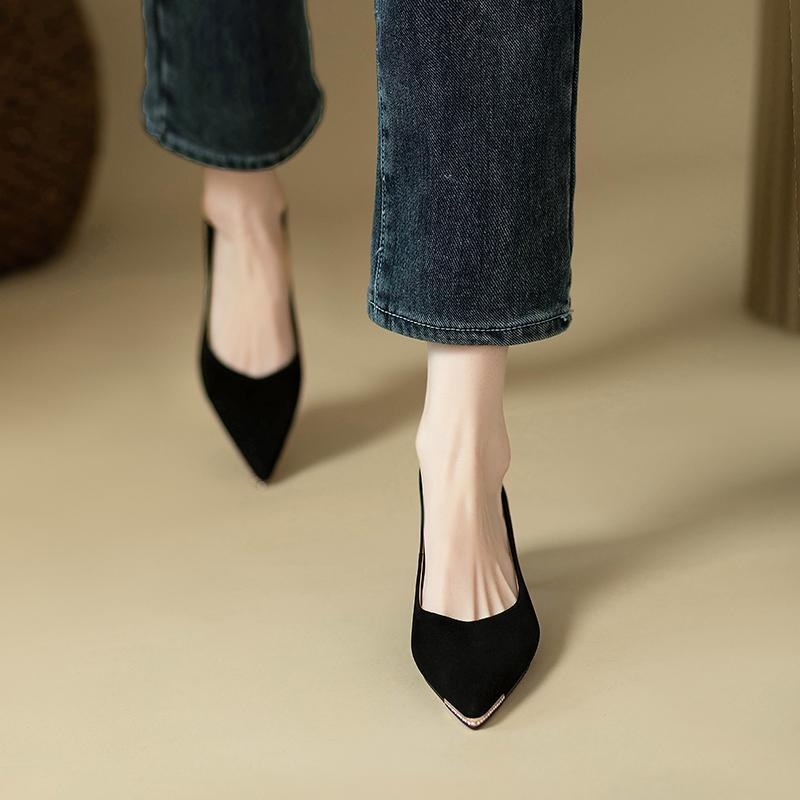 Women's black versatile low-heeled shallow-mouth pumps spring and autumn styles pointed-toe fashionable high heels