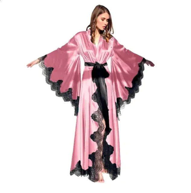 Women Robes Sleepwear Kimono Pajamas Pure Long Black Silk Satin Lace Trim Pography Dress Wedding Bride Gown Po Shoot 250904